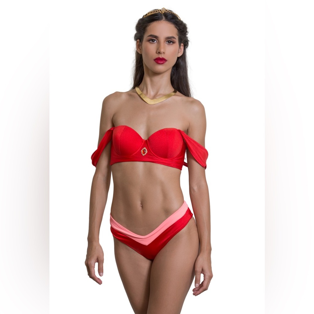 Enchanted Bikinis Arabian Nights Jasmine Red Off Shoulder Swimsuit Small - Picture 2 of 7